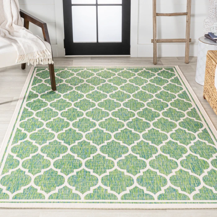 Trebol Moroccan Trellis Textured Weave Cream/Green 3 ft. x 5 ft. Indoor/Outdoor Area Rug