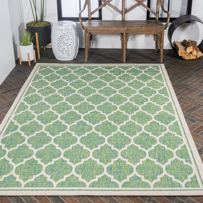 Trebol Moroccan Trellis Textured Weave Cream/Green 3 ft. x 5 ft. Indoor/Outdoor Area Rug