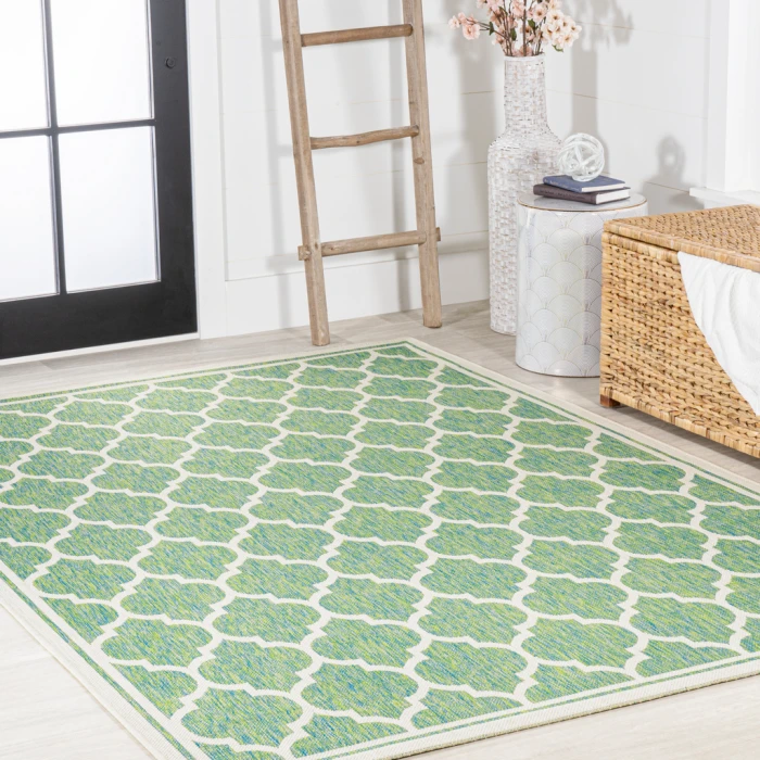 Trebol Moroccan Trellis Textured Weave Cream/Green 3 ft. x 5 ft. Indoor/Outdoor Area Rug