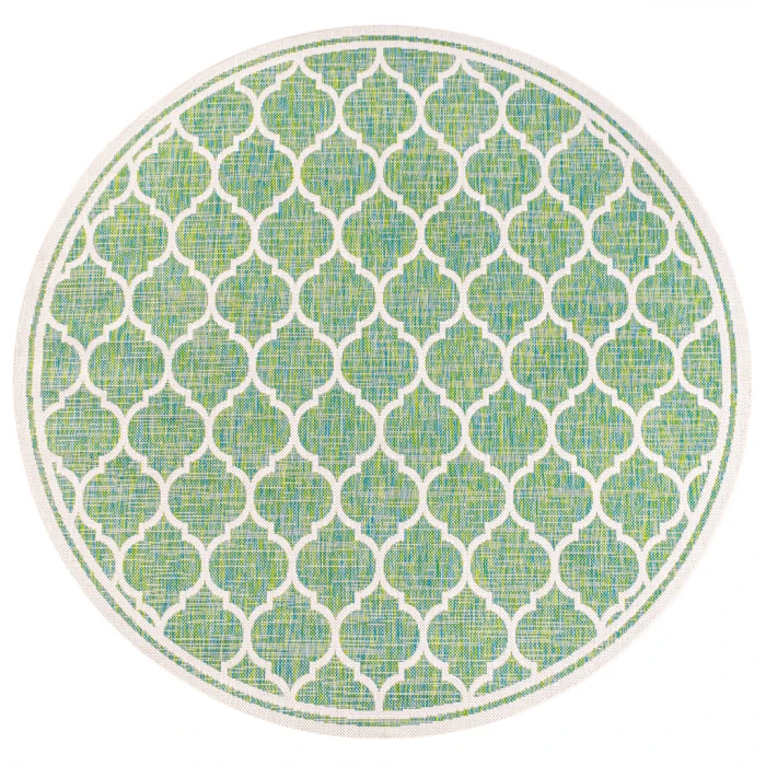 Trebol Moroccan Trellis Textured Weave Cream/Green 5' Round Indoor/Outdoor Area Rug