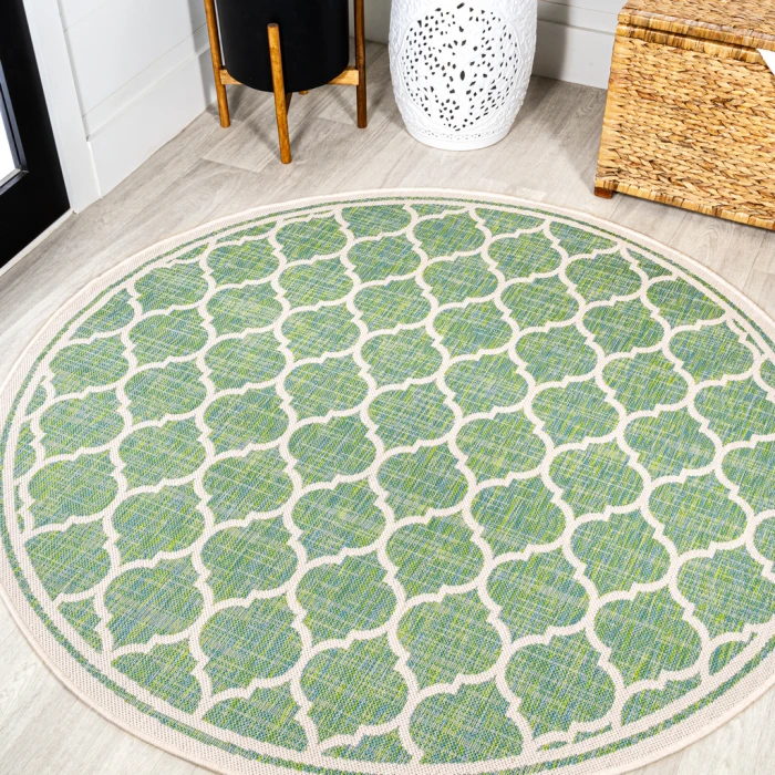 Trebol Moroccan Trellis Textured Weave Cream/Green 5' Round Indoor/Outdoor Area Rug