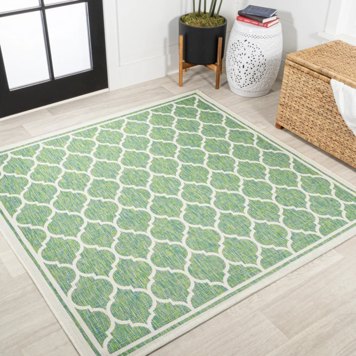 Trebol Moroccan Trellis Textured Weave Cream/Green 5' Square Indoor/Outdoor Area Rug