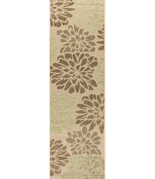 Zinnia Modern Floral Textured Weave Sage/Brown 2 ft. x 10 ft. Indoor/Outdoor Runner Rug