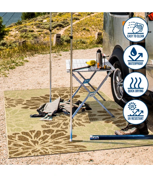 Zinnia Modern Floral Textured Weave Sage/Brown 5' Round Indoor/Outdoor Area Rug