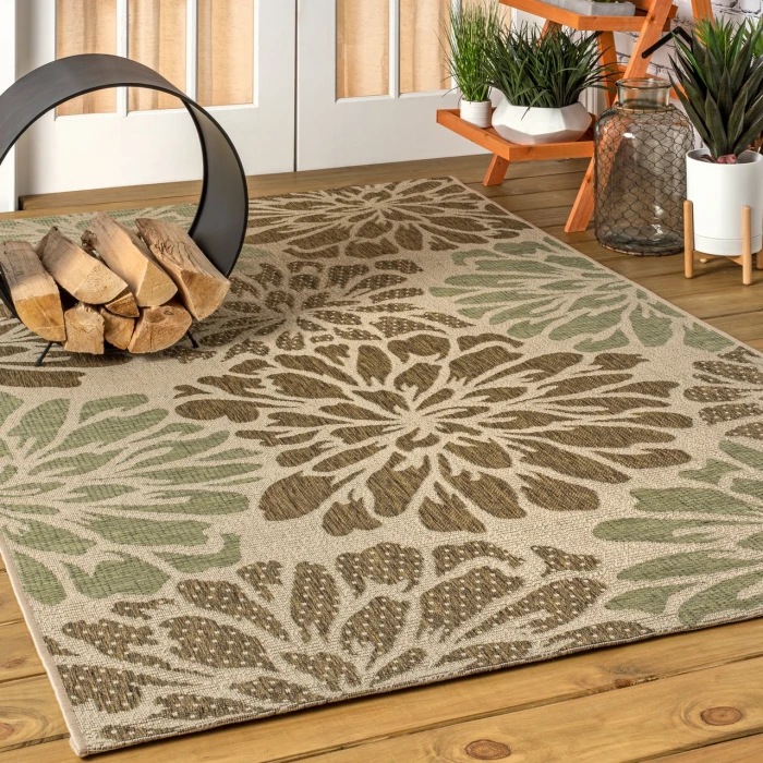 Zinnia Modern Floral Textured Weave Sage/Brown 8 ft. x 10 ft. Indoor/Outdoor Area Rug