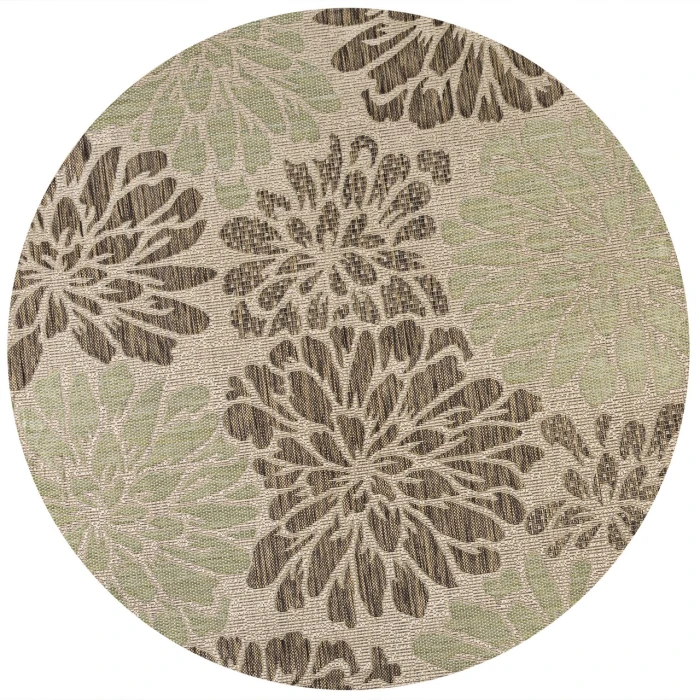 Zinnia Modern Floral Textured Weave Sage/Brown 5' Round Indoor/Outdoor Area Rug