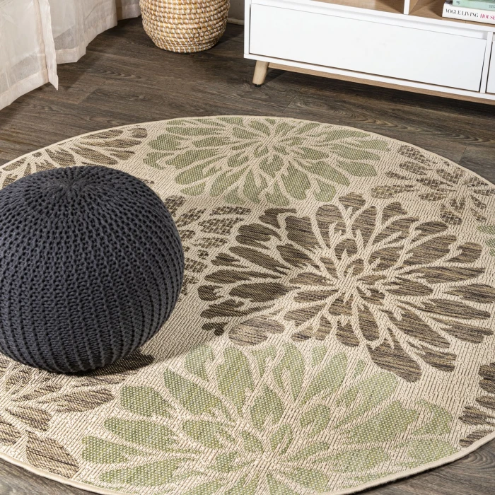 Zinnia Modern Floral Textured Weave Sage/Brown 5' Round Indoor/Outdoor Area Rug