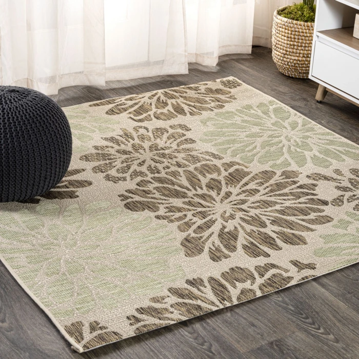 Zinnia Modern Floral Textured Weave Sage/Brown 5' Square Indoor/Outdoor Area Rug
