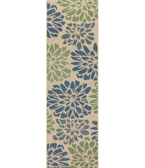 Zinnia Modern Floral Textured Weave Navy/Green 2 ft. x 10 ft. Indoor/Outdoor Runner Rug