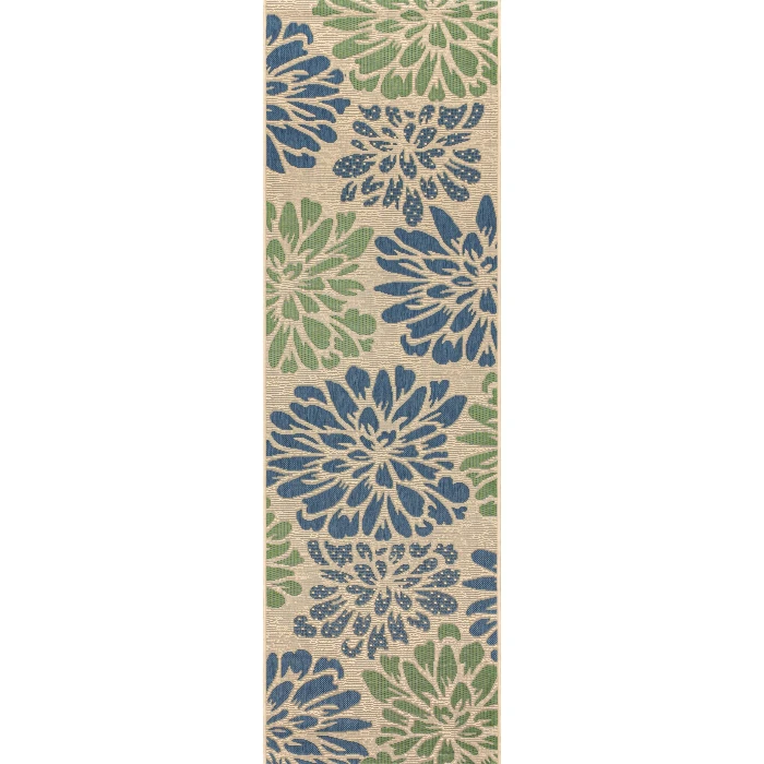 Zinnia Modern Floral Textured Weave Navy/Green 2 ft. x 10 ft. Indoor/Outdoor Runner Rug