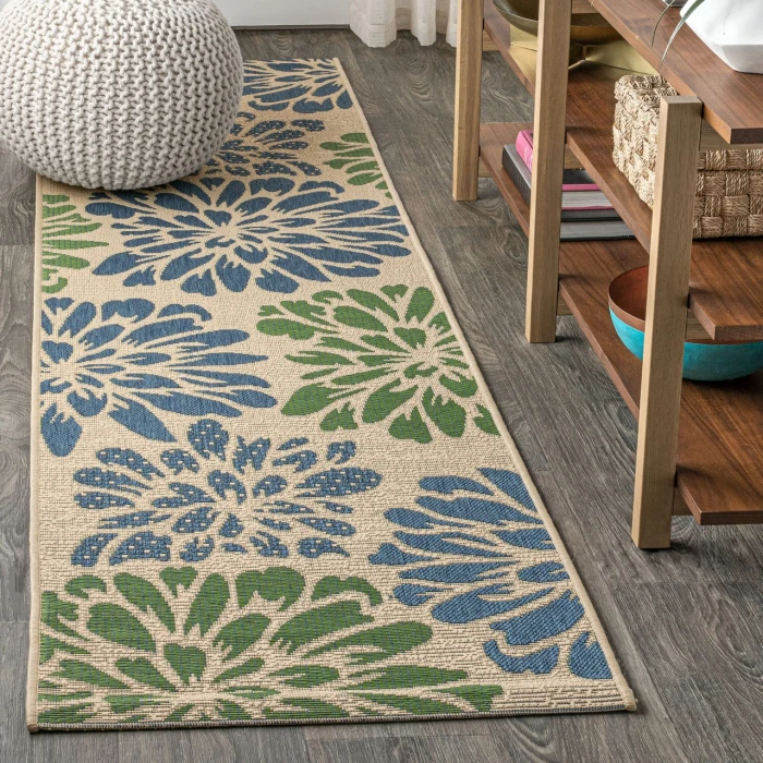 Zinnia Modern Floral Textured Weave Navy/Green 2 ft. x 10 ft. Indoor/Outdoor Runner Rug