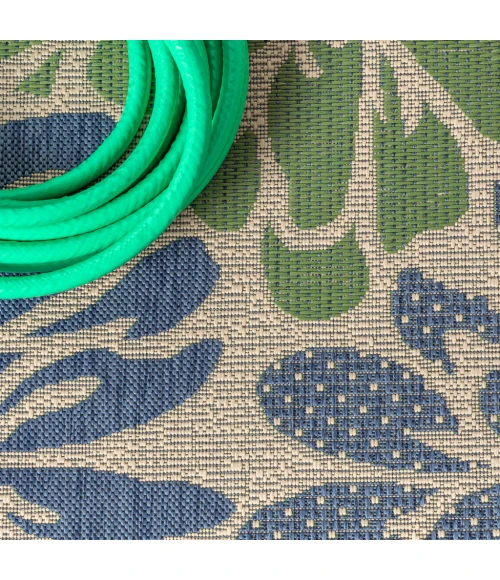 Zinnia Modern Floral Textured Weave Navy/Green 5' Square Indoor/Outdoor Area Rug