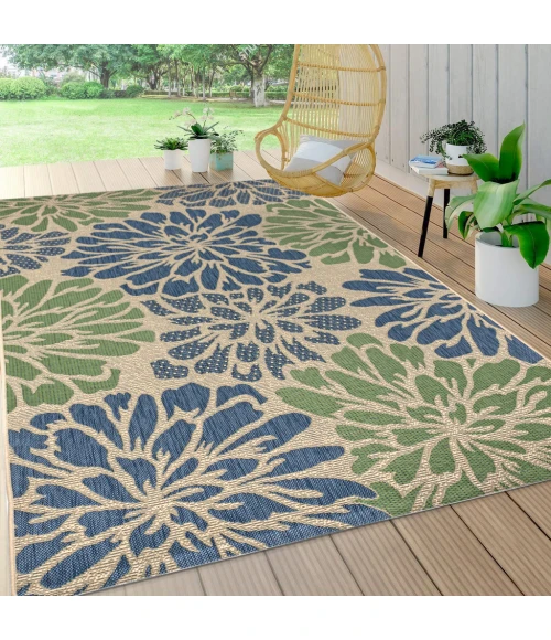 Zinnia Modern Floral Textured Weave Navy/Green 3 ft. x 5 ft. Indoor/Outdoor Area Rug