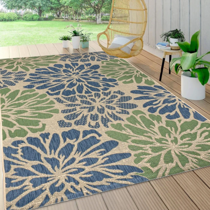 Zinnia Modern Floral Textured Weave Navy/Green 5 ft. x 8 ft. Indoor/Outdoor Area Rug