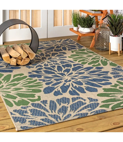Zinnia Modern Floral Textured Weave Navy/Green 3 ft. x 5 ft. Indoor/Outdoor Area Rug