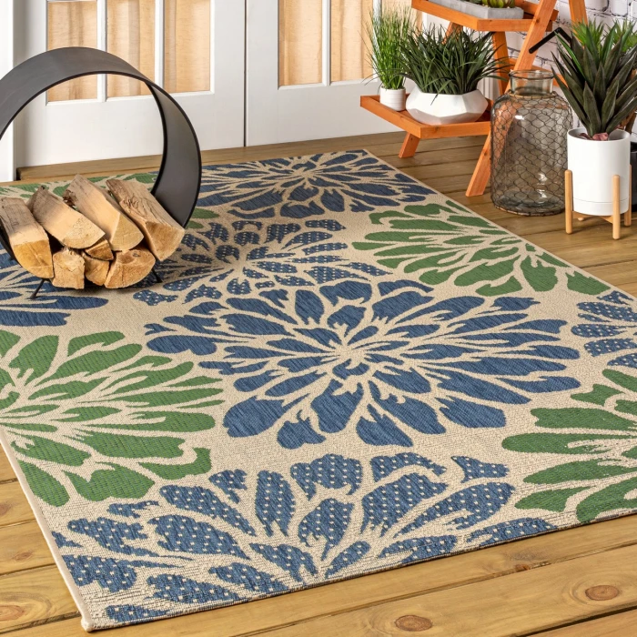 Zinnia Modern Floral Textured Weave Navy/Green 5 ft. x 8 ft. Indoor/Outdoor Area Rug