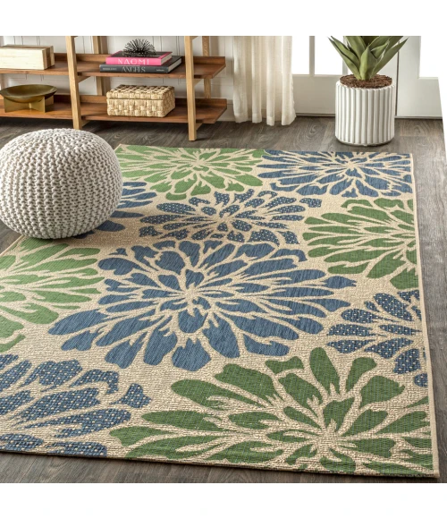 Zinnia Modern Floral Textured Weave Navy/Green 3 ft. x 5 ft. Indoor/Outdoor Area Rug