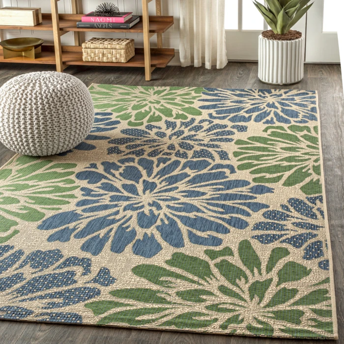 Zinnia Modern Floral Textured Weave Navy/Green 5 ft. x 8 ft. Indoor/Outdoor Area Rug