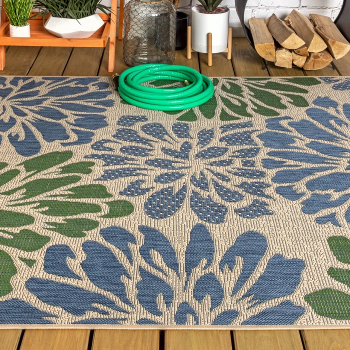 Zinnia Modern Floral Textured Weave Navy/Green 5 ft. x 8 ft. Indoor/Outdoor Area Rug