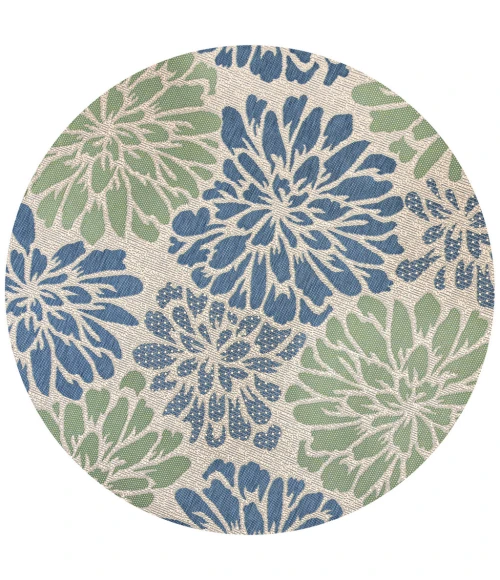 Zinnia Modern Floral Textured Weave Navy/Green 6' Round Indoor/Outdoor Area Rug