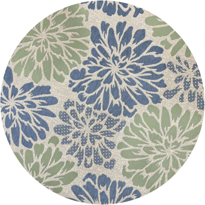 Zinnia Modern Floral Textured Weave Navy/Green 5' Round Indoor/Outdoor Area Rug