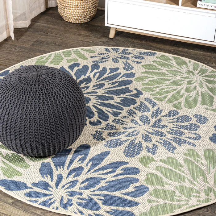 Zinnia Modern Floral Textured Weave Navy/Green 5' Round Indoor/Outdoor Area Rug