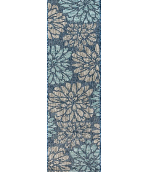 Zinnia Modern Floral Textured Weave Navy/Aqua 2 ft. x 10 ft. Indoor/Outdoor Runner Rug