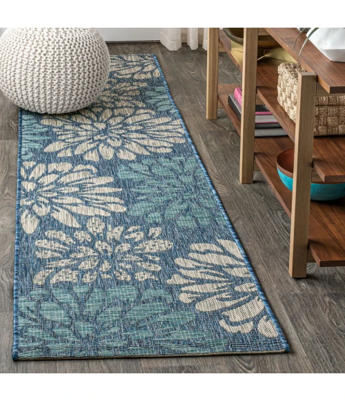 Zinnia Modern Floral Textured Weave Navy/Aqua 2 ft. x 10 ft. Indoor/Outdoor Runner Rug