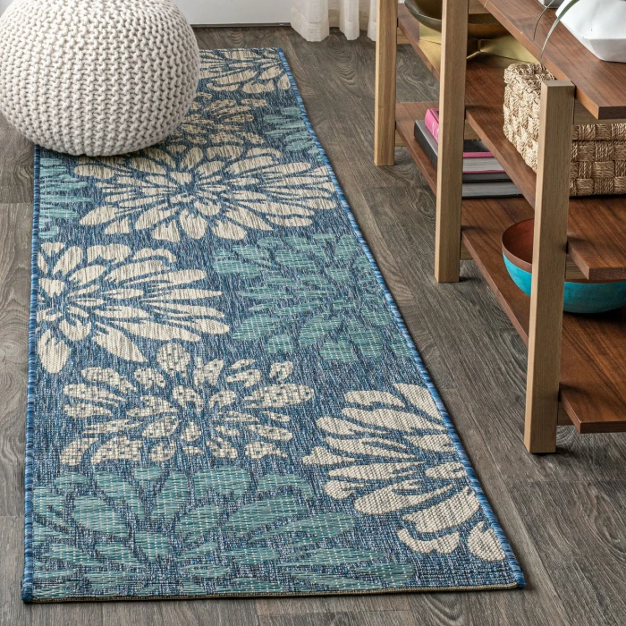 Zinnia Modern Floral Textured Weave Navy/Aqua 2 ft. x 8 ft. Indoor/Outdoor Runner Rug