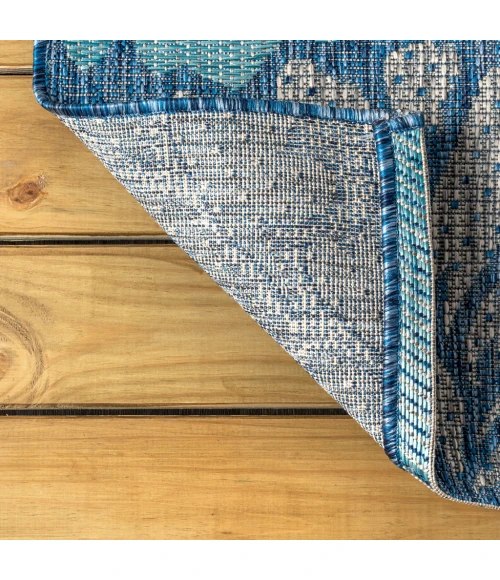 Zinnia Modern Floral Textured Weave Navy/Aqua 6' Round Indoor/Outdoor Area Rug