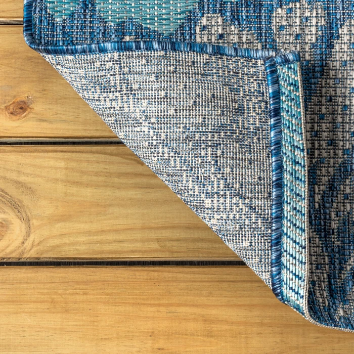 Zinnia Modern Floral Textured Weave Navy/Aqua 5' Round Indoor/Outdoor Area Rug