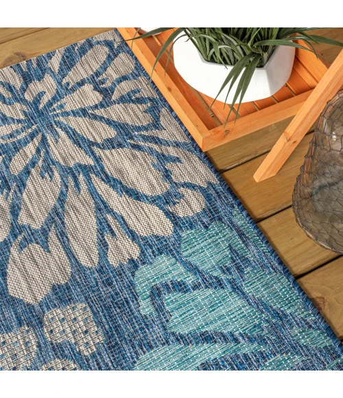 Zinnia Modern Floral Textured Weave Navy/Aqua 6' Round Indoor/Outdoor Area Rug