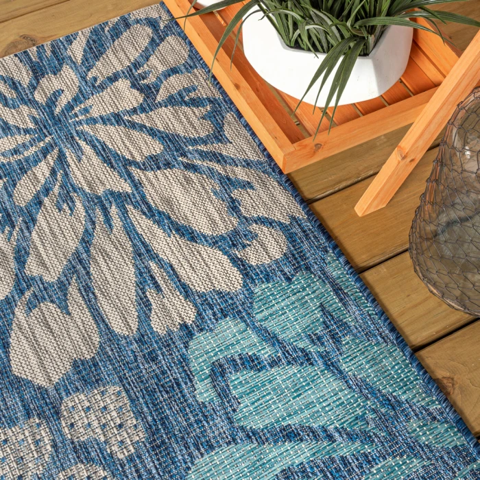 Zinnia Modern Floral Textured Weave Navy/Aqua 5' Round Indoor/Outdoor Area Rug