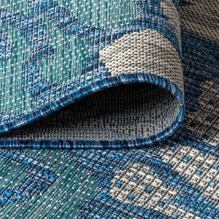 Zinnia Modern Floral Textured Weave Navy/Aqua 5' Round Indoor/Outdoor Area Rug