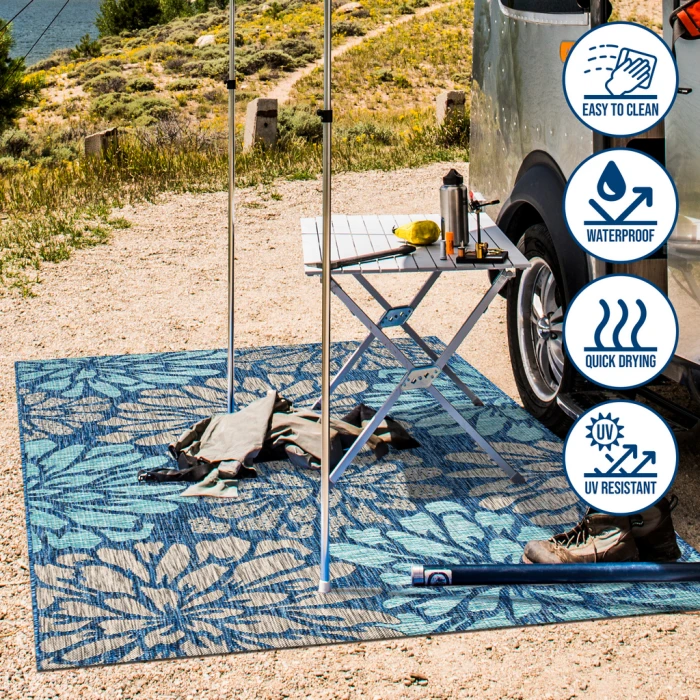 Zinnia Modern Floral Textured Weave Navy/Aqua 5' Round Indoor/Outdoor Area Rug