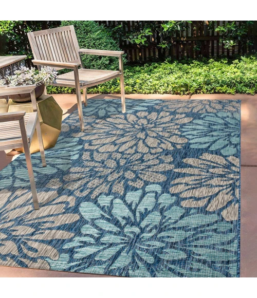 Zinnia Modern Floral Textured Weave Navy/Aqua 5 ft. x 8 ft. Indoor/Outdoor Area Rug