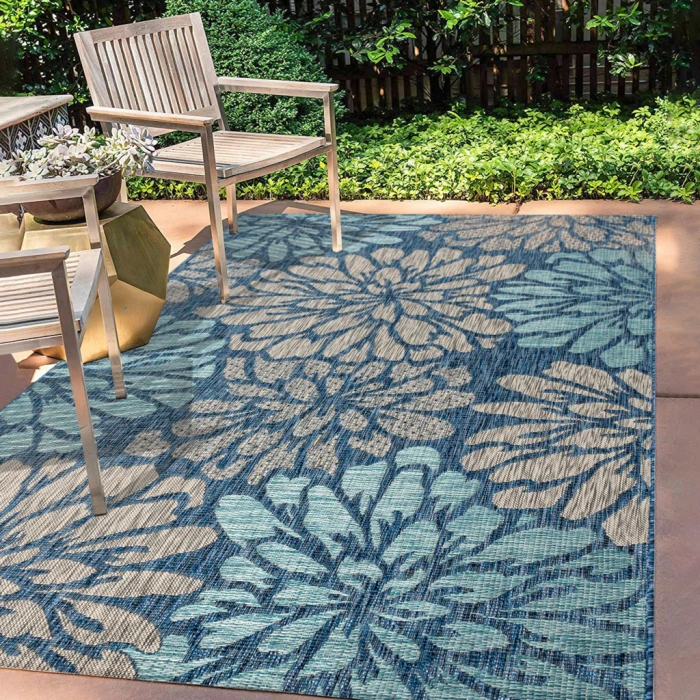 Zinnia Modern Floral Textured Weave Navy/Aqua 5 ft. x 8 ft. Indoor/Outdoor Area Rug