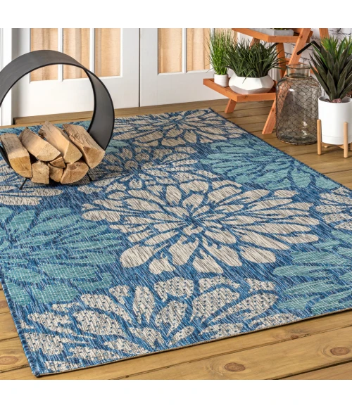 Zinnia Modern Floral Textured Weave Navy/Aqua 5 ft. x 8 ft. Indoor/Outdoor Area Rug