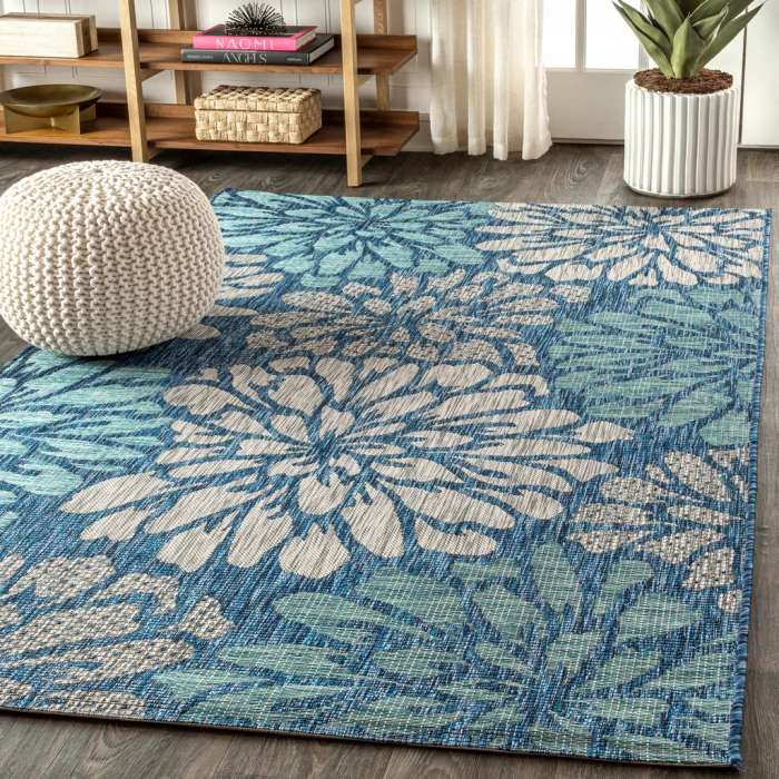 Zinnia Modern Floral Textured Weave Navy/Aqua 5 ft. x 8 ft. Indoor/Outdoor Area Rug
