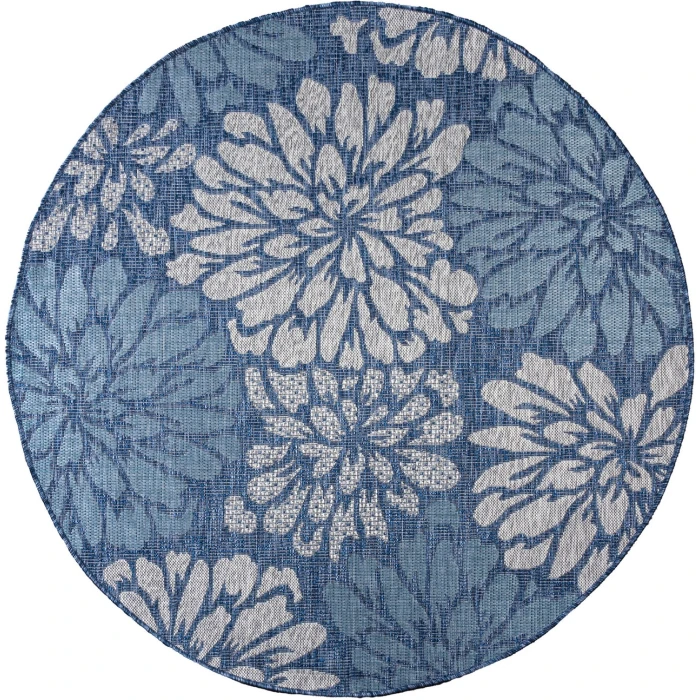 Zinnia Modern Floral Textured Weave Navy/Aqua 5' Round Indoor/Outdoor Area Rug