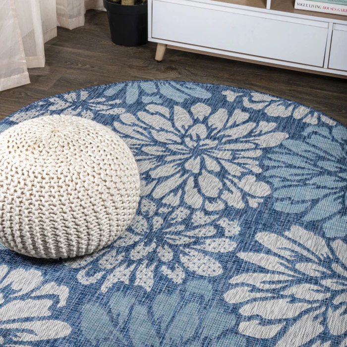 Zinnia Modern Floral Textured Weave Navy/Aqua 5' Round Indoor/Outdoor Area Rug