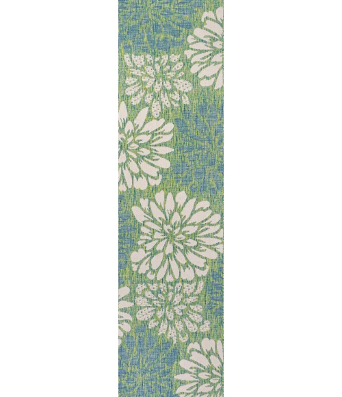 Zinnia Modern Floral Textured Weave Cream/Green 2 ft. x 10 ft. Indoor/Outdoor Runner Rug