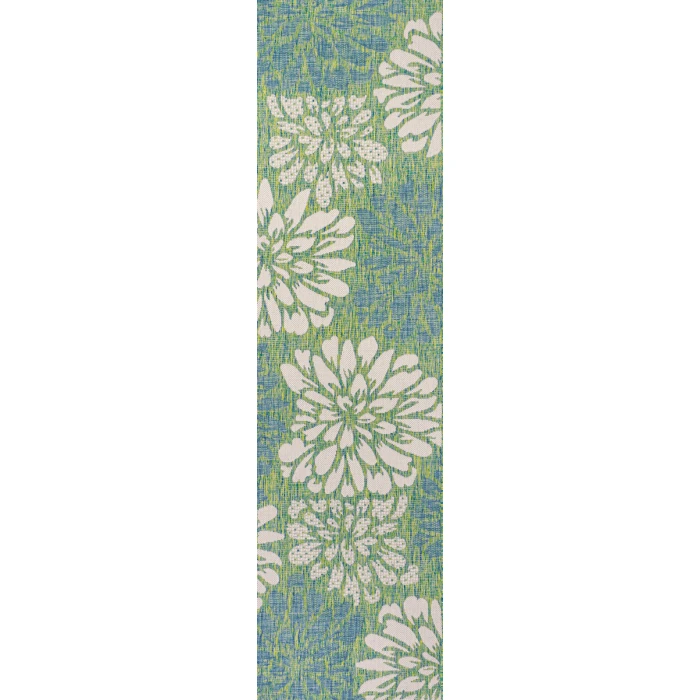 Zinnia Modern Floral Textured Weave Cream/Green 2 ft. x 10 ft. Indoor/Outdoor Runner Rug