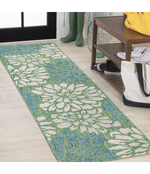 Zinnia Modern Floral Textured Weave Cream/Green 2 ft. x 10 ft. Indoor/Outdoor Runner Rug