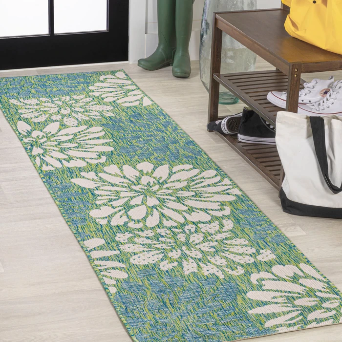 Zinnia Modern Floral Textured Weave Cream/Green 2 ft. x 10 ft. Indoor/Outdoor Runner Rug