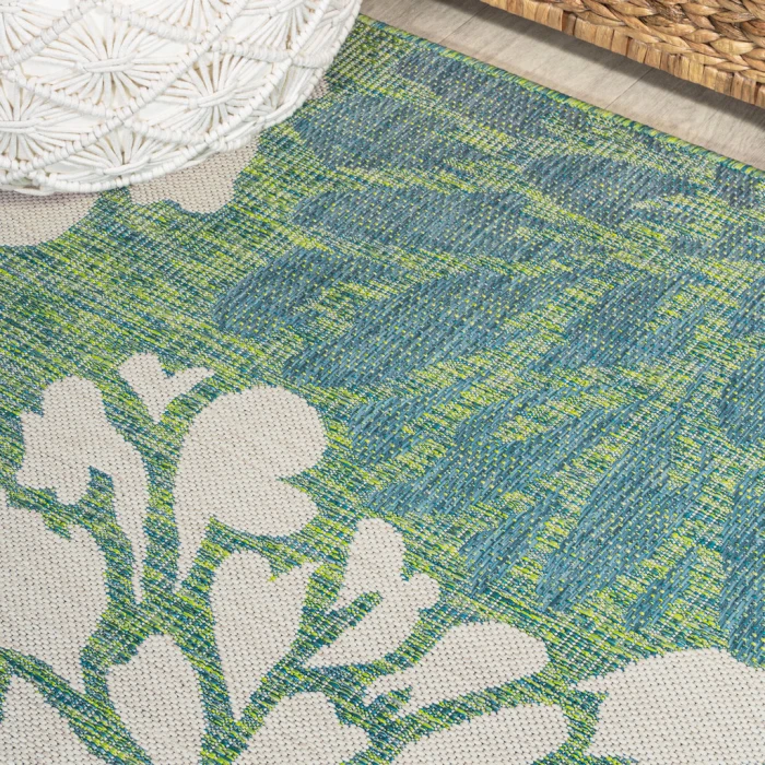 Zinnia Modern Floral Textured Weave Cream/Green 2 ft. x 10 ft. Indoor/Outdoor Runner Rug
