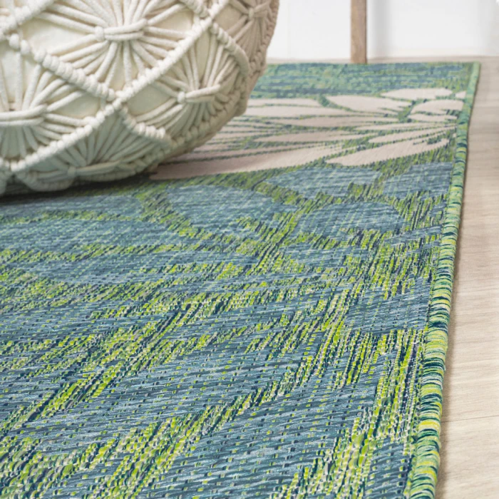 Zinnia Modern Floral Textured Weave Cream/Green 2 ft. x 10 ft. Indoor/Outdoor Runner Rug