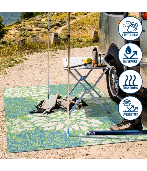 Zinnia Modern Floral Textured Weave Cream/Green 5' Square Indoor/Outdoor Area Rug