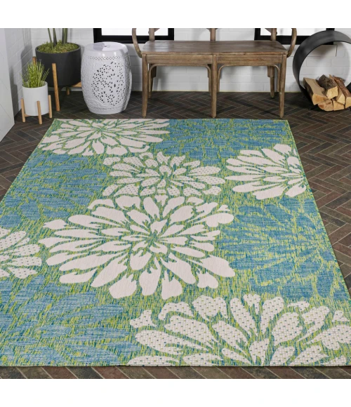 Zinnia Modern Floral Textured Weave Cream/Green 8 ft. x 10 ft. Indoor/Outdoor Area Rug