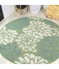 Zinnia Modern Floral Textured Weave Cream/Green 5' Round Indoor/Outdoor Area Rug